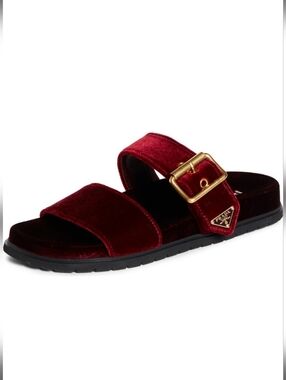 $1,020 PRADA Triangle Logo Double Dual Band Velvet Sandals Burgundy EU 37 US 7